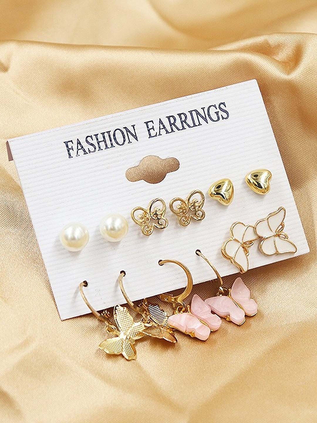 

Pinapes Set Of 11 Gold Plated Contemporary Studs Earrings, White