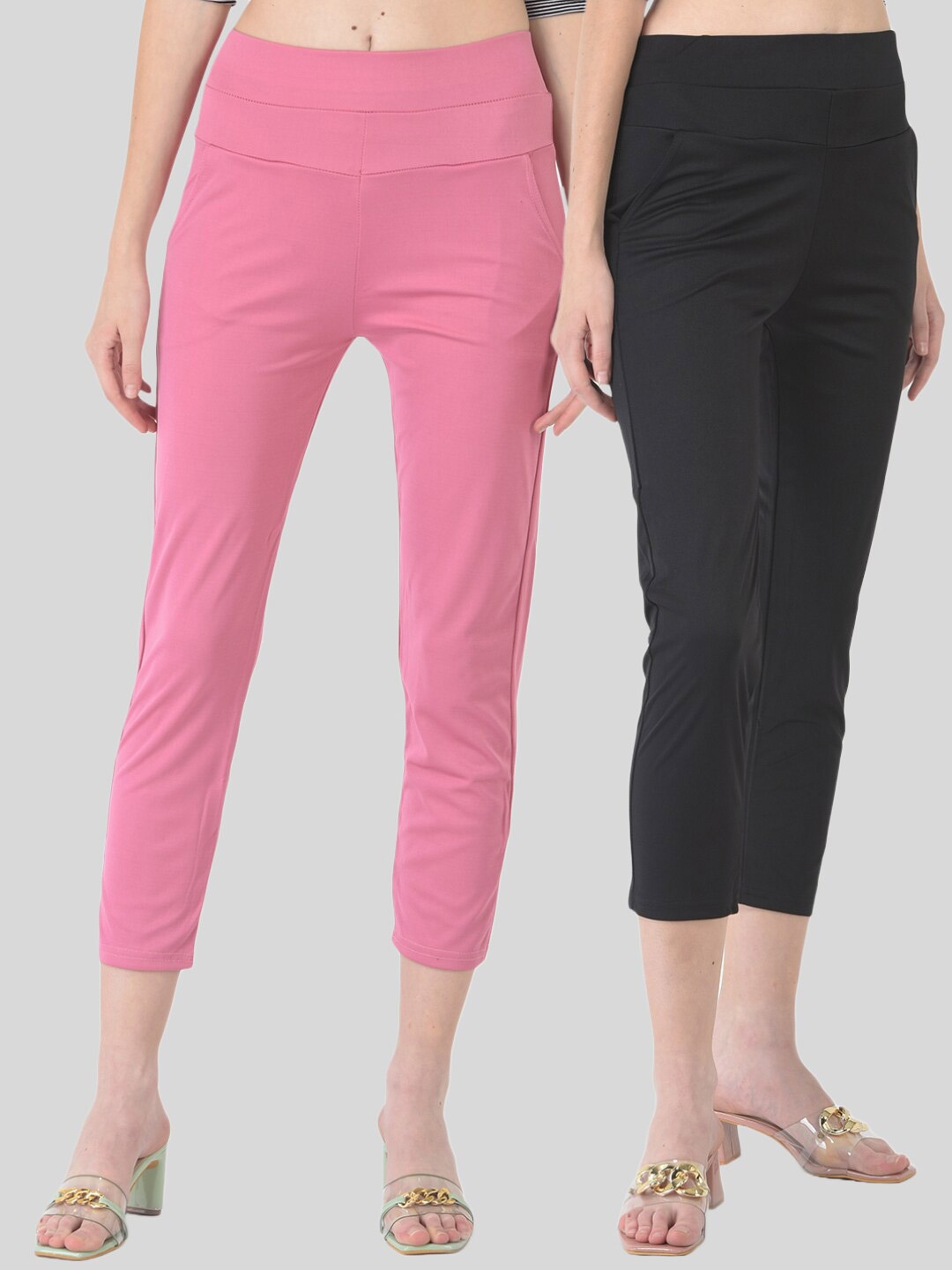 

FNOCKS Women Pack of 2 Cropped Jeggings, Pink