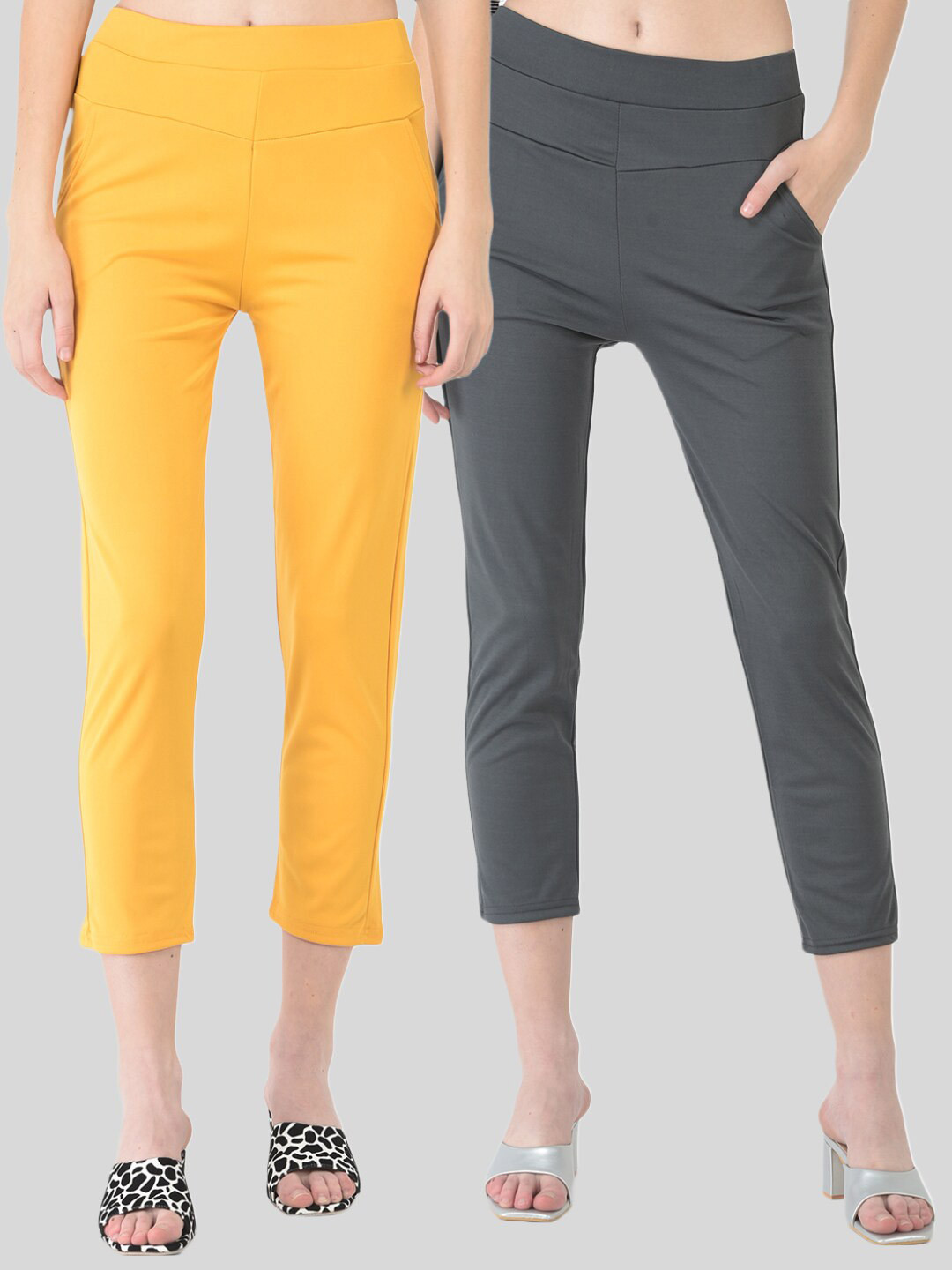 

FNOCKS Women Pack of 2 Cropped Jeggings, Yellow