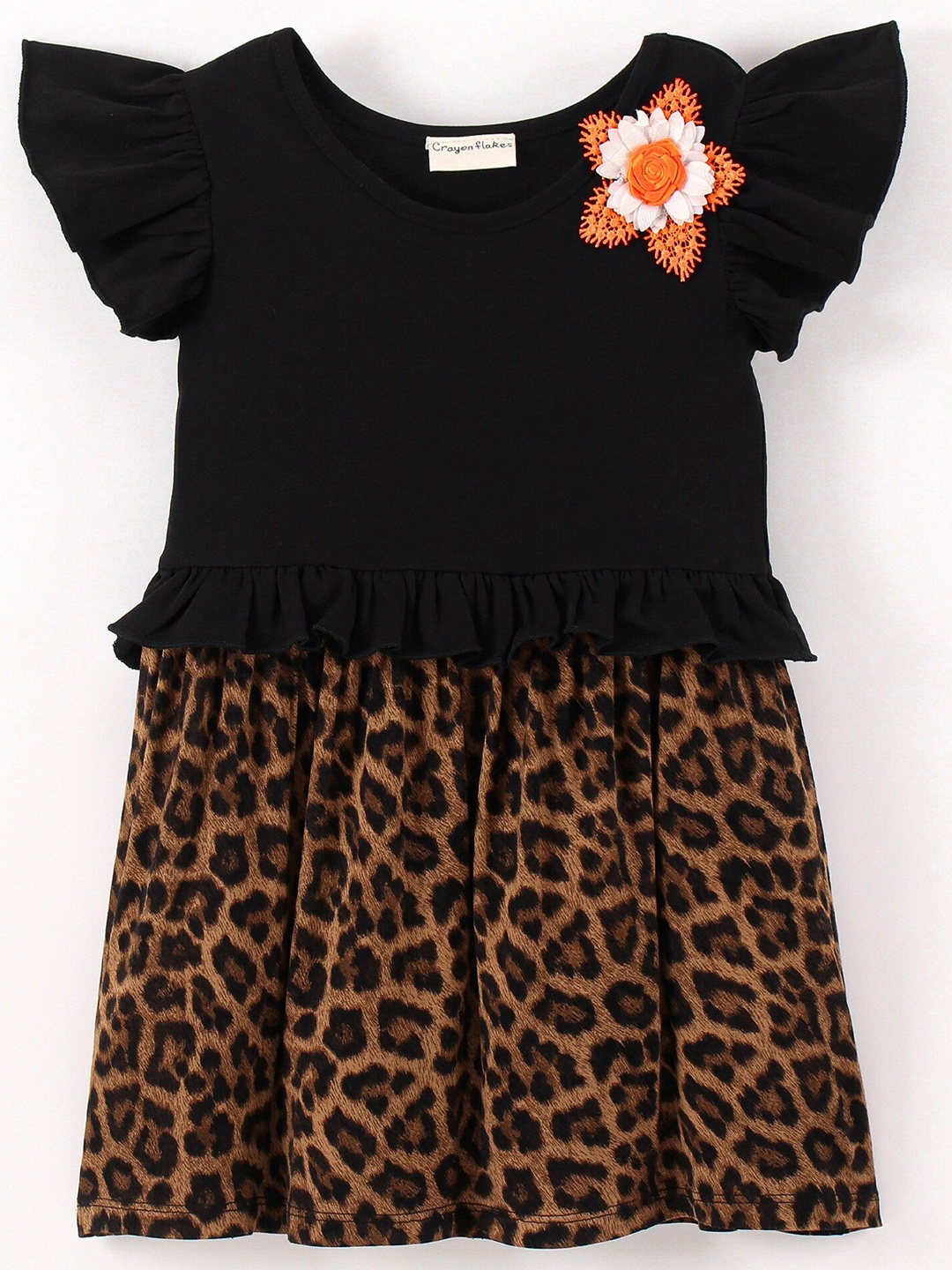 

CrayonFlakes Girls Flutter Sleeves Animal Dress, Black