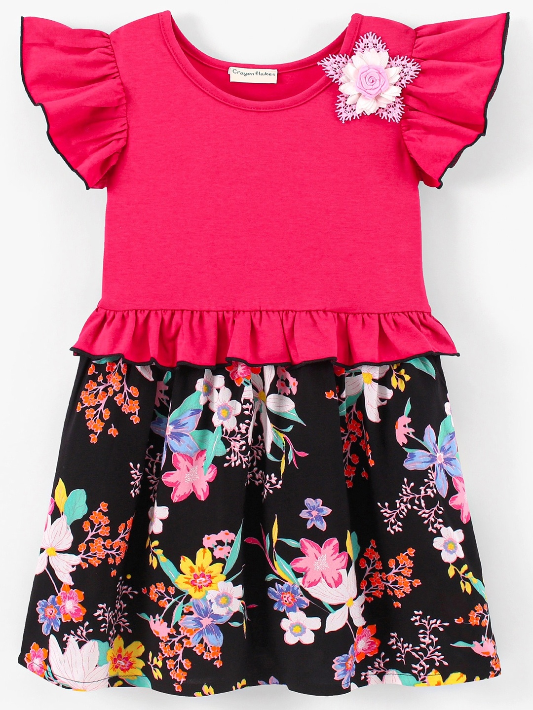 

CrayonFlakes Girls Flutter Sleeves Floral Printed Peplum Dress, Pink