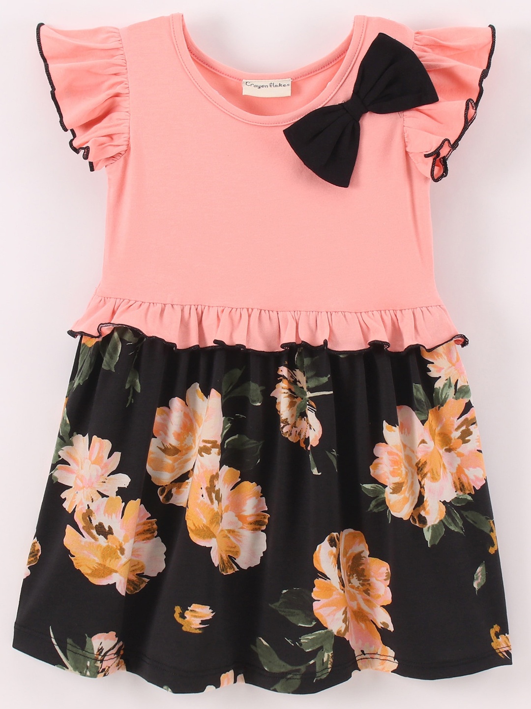 

CrayonFlakes Girls Floral Printed Flutter Sleeves Bow Cotton A-Line Dress, Peach