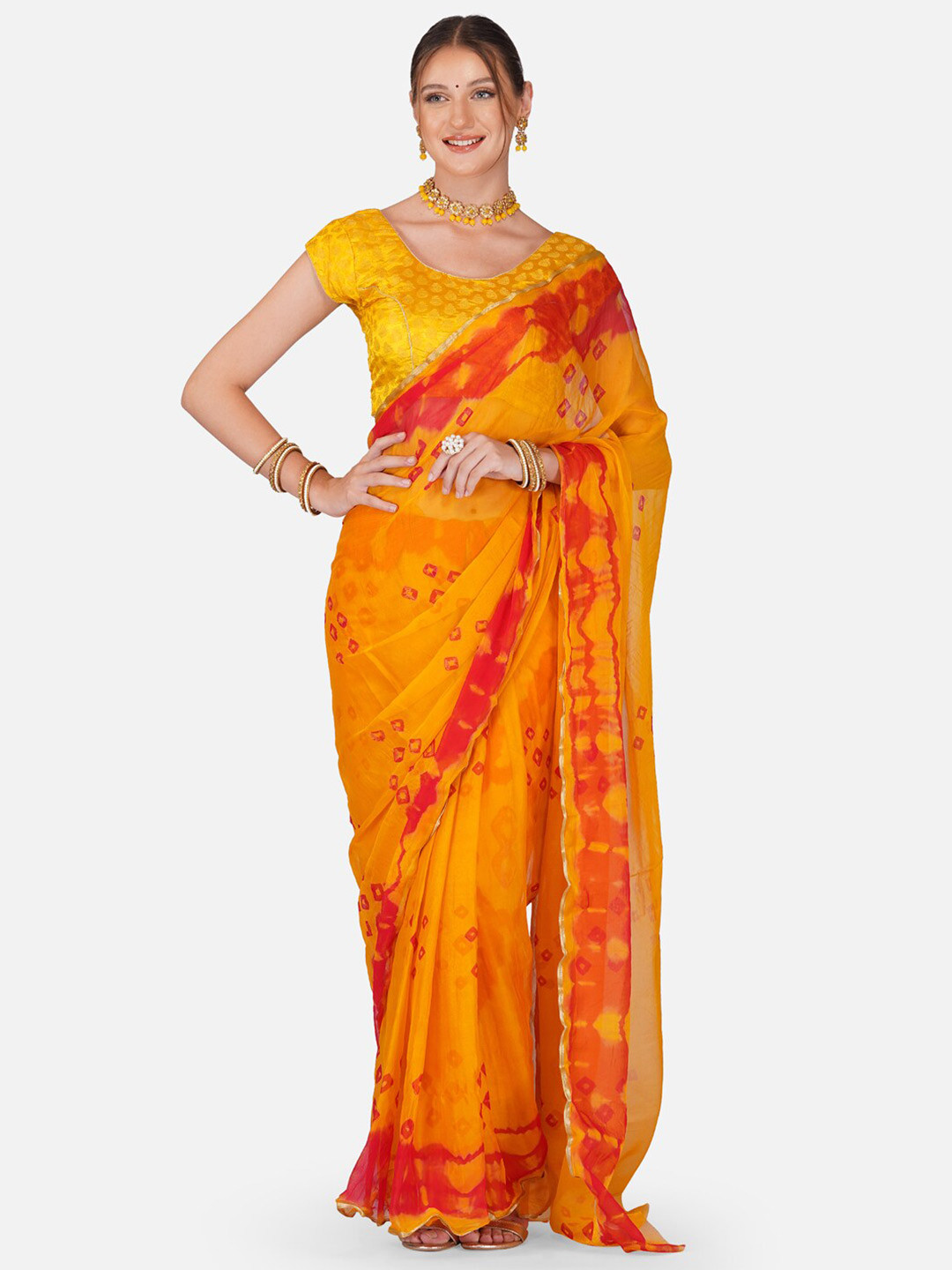 

CLAFOUTIS Bandhani Printed Pure Chiffon Saree, Yellow