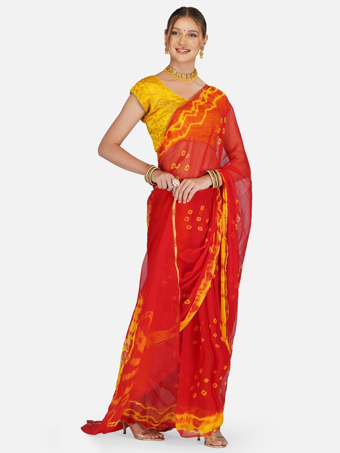 

CLAFOUTIS Bandhani Zari Pure Chiffon Saree, Orange