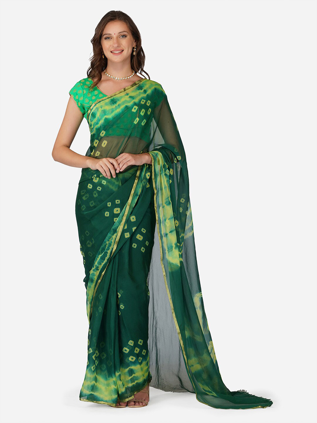 

CLAFOUTIS Printed Zari Pure Chiffon Bandhani Saree, Green