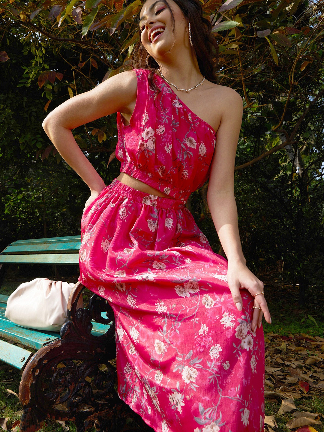 

SASSAFRAS Floral Printed Georgette Cut-Out Dress, Pink
