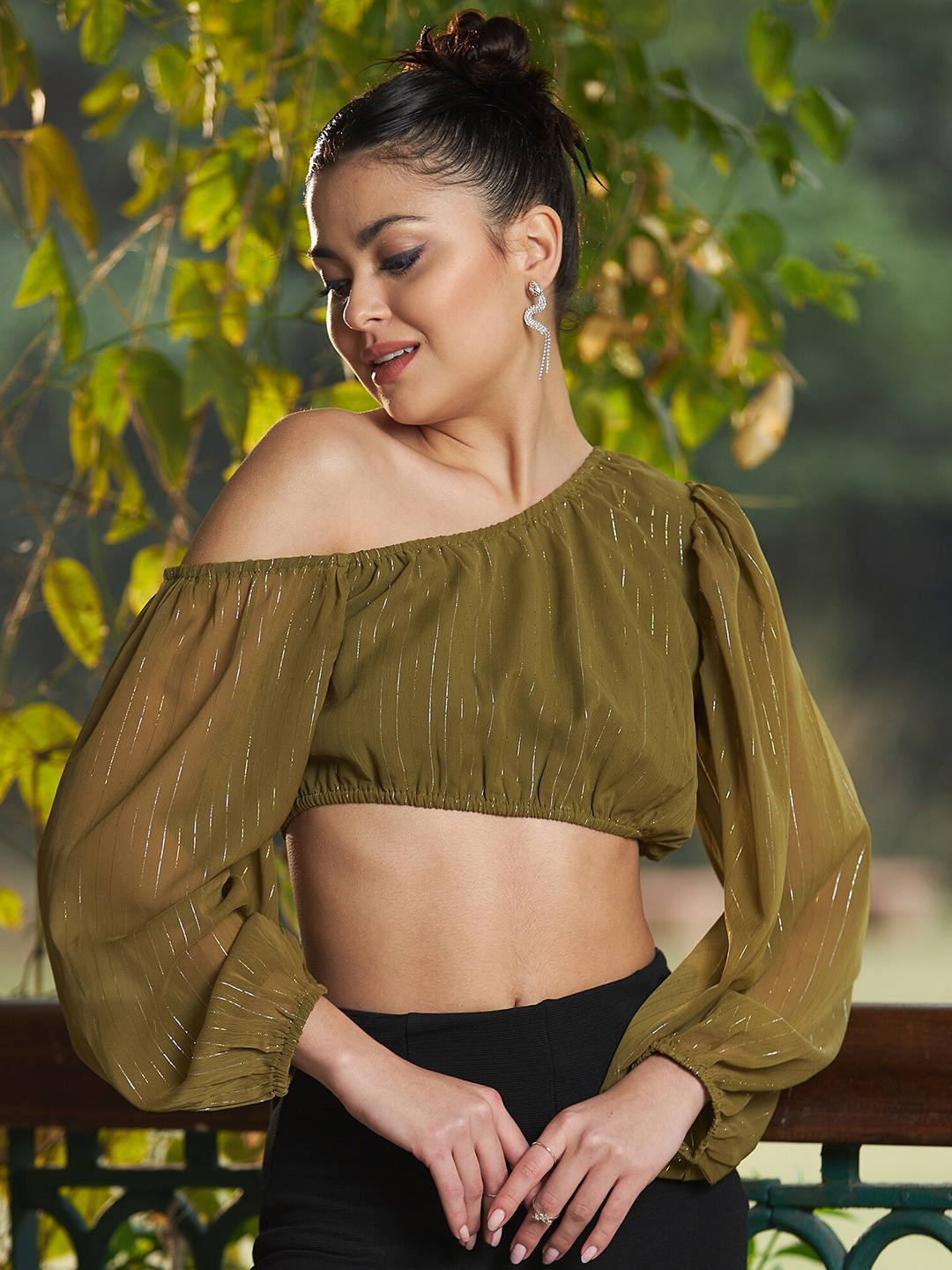 

SASSAFRAS Striped One Shoulder Chiffon Crop Top, Olive