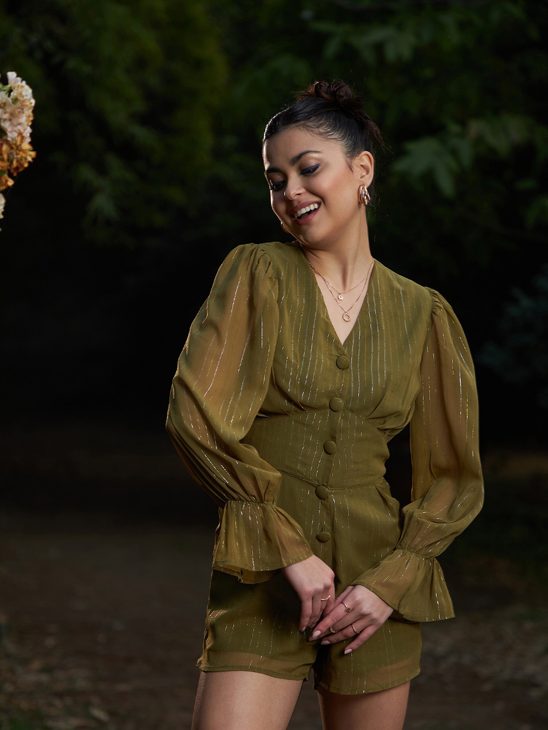 

SASSAFRAS Striped Embellished V-Neck Waisted Bell Sleeves Playsuit Jumpsuit, Olive