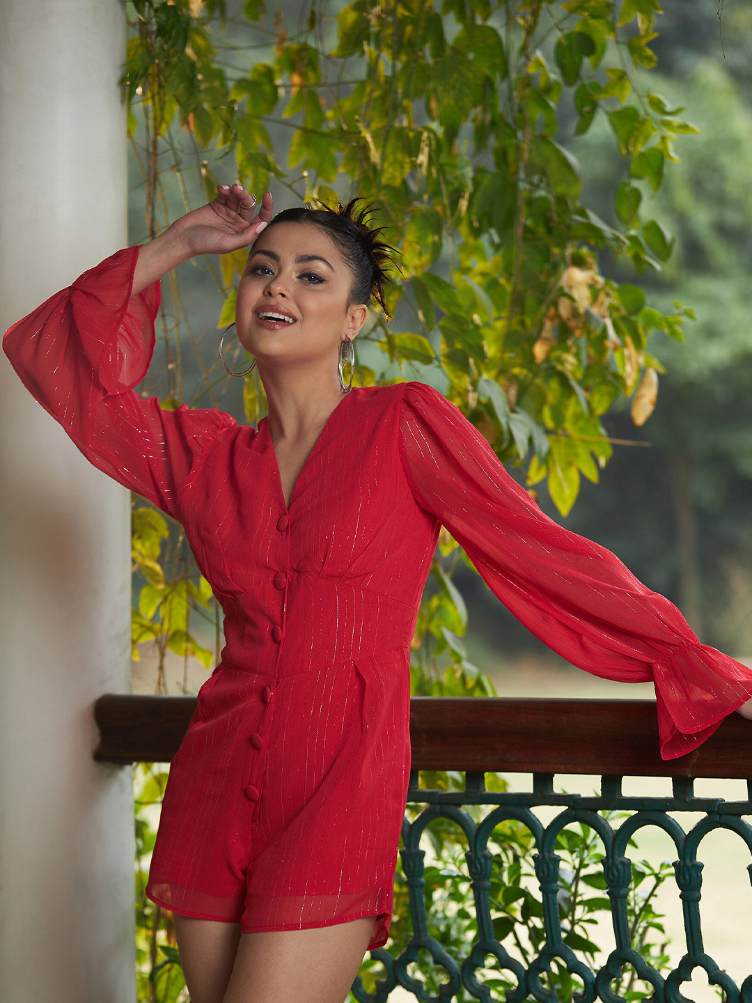 

SASSAFRAS Striped Embellished V-Neck Waisted Bell Sleeves Playsuit Jumpsuit, Red