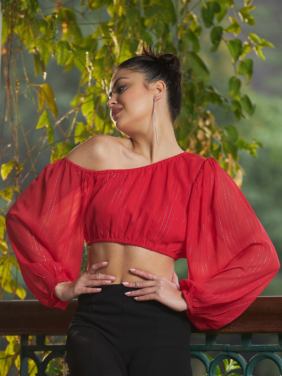 

SASSAFRAS Striped One-Shoulder Crop Top, Red