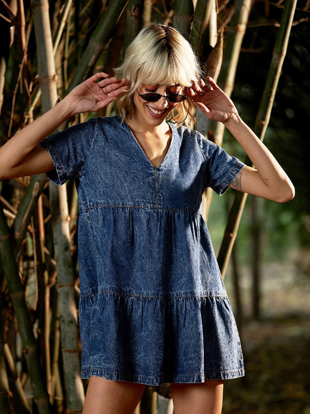 

SASSAFRAS V-Neck Tiered A-Line Cotton Denim Dress, Blue