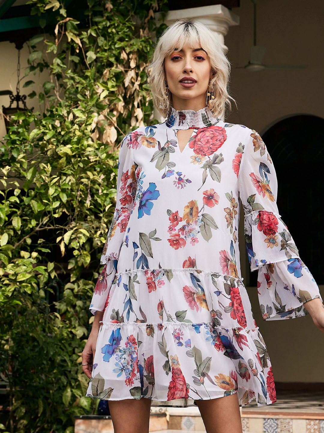 

SASSAFRAS High Neck Floral Printed Smocked Tiered Chiffon A-Line Dress, White