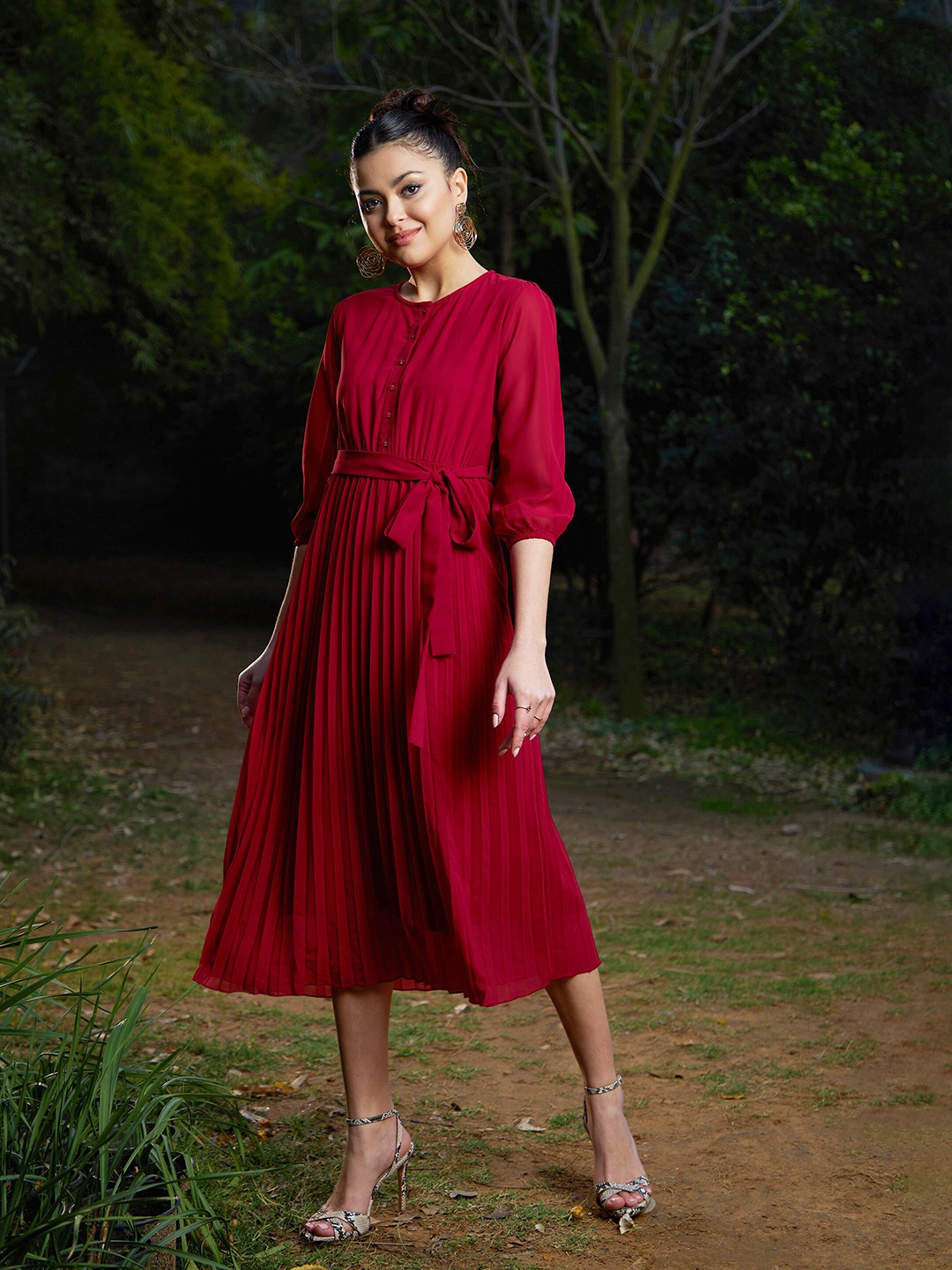 

SASSAFRAS Striped Puff Sleeves A-Line Dress, Maroon