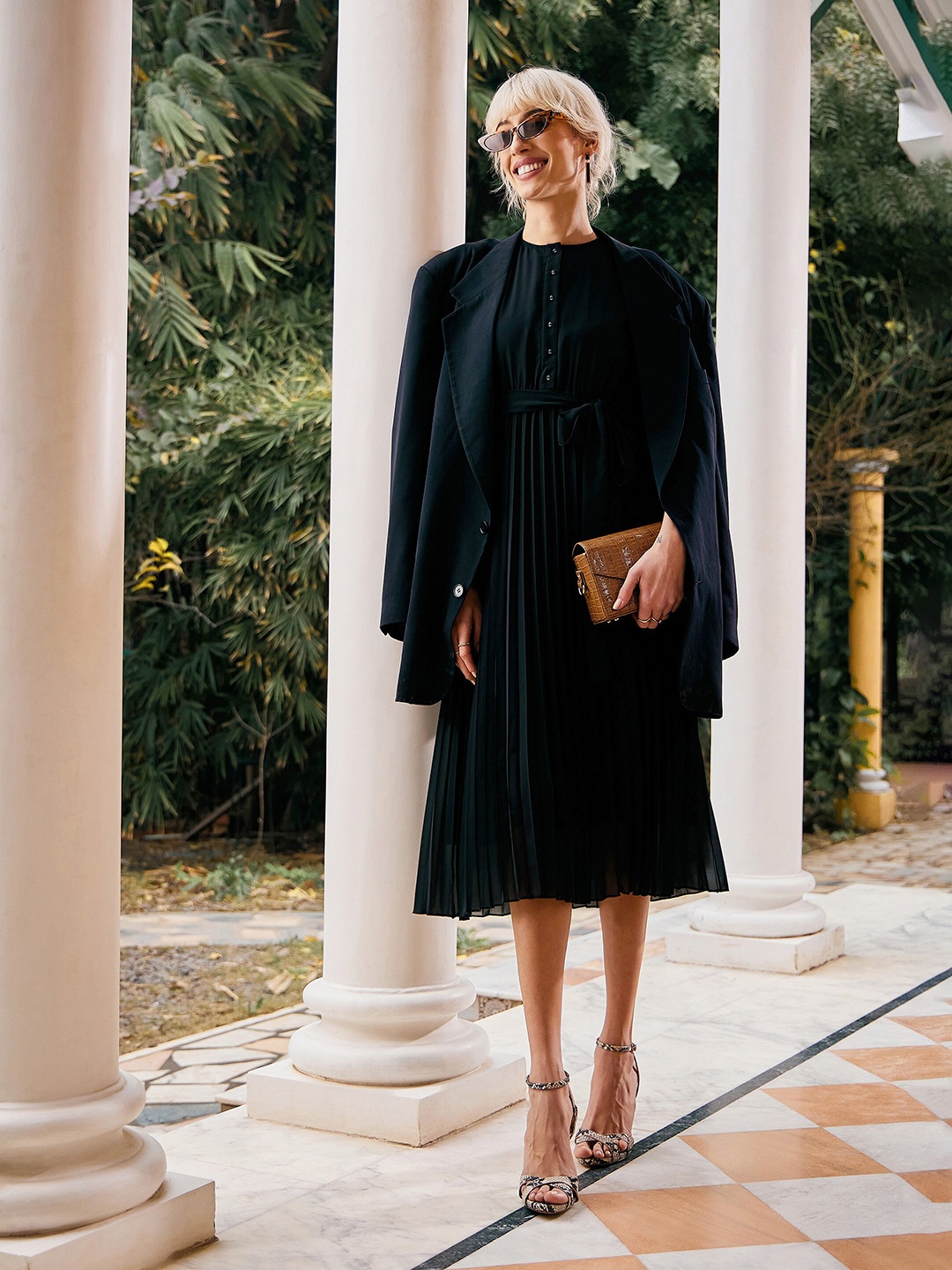 

SASSAFRAS Round Neck Georgette A-Line Pleated Midi Dress With Belt, Black
