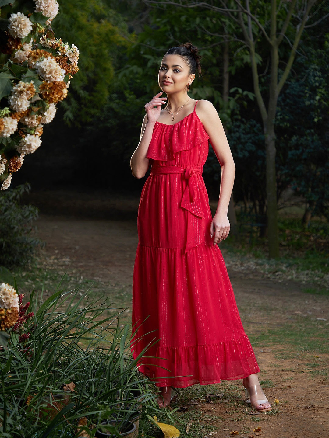 

SASSAFRAS Chiffon Maxi Midi Dress, Red