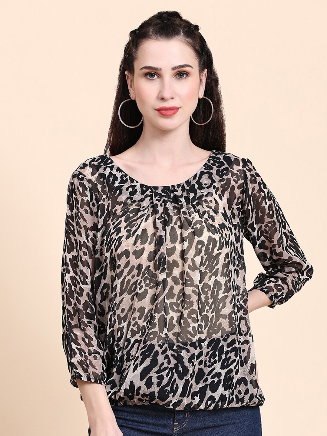 

Rediscover Fashion Animal Printed Pleated Blouson Top, Black