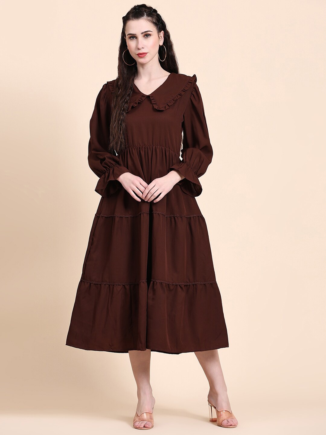 

Rediscover Fashion Peter Pan Collar Puff Sleeves A-Line Midi Dress, Brown