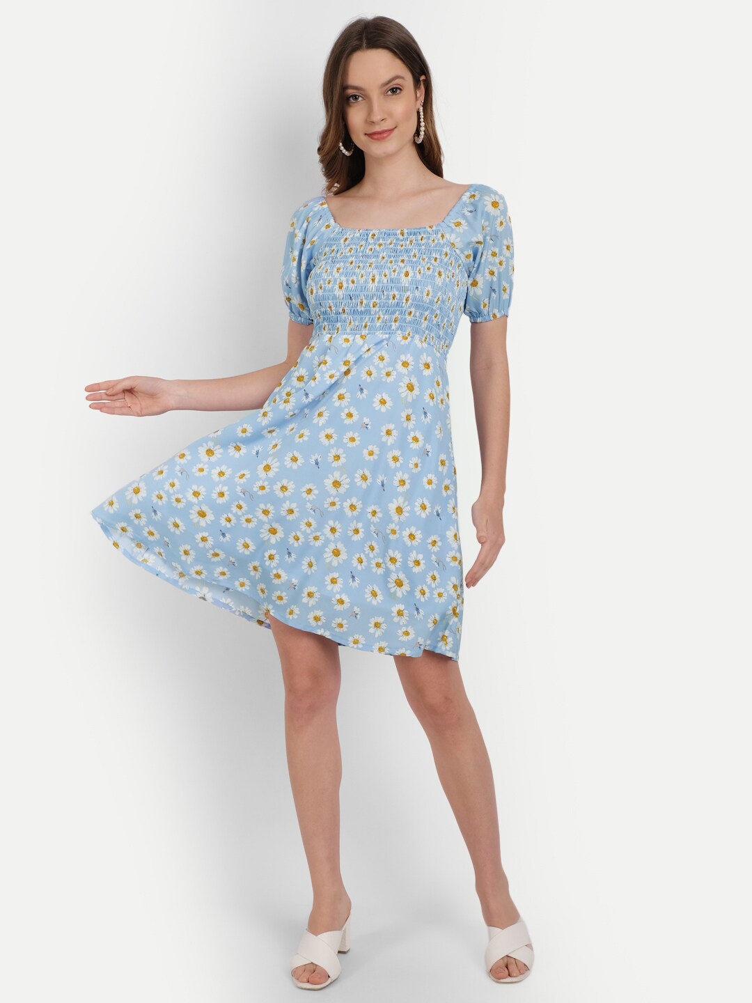 

Rediscover Fashion Floral Printed Smocked A-Line Dress, Blue