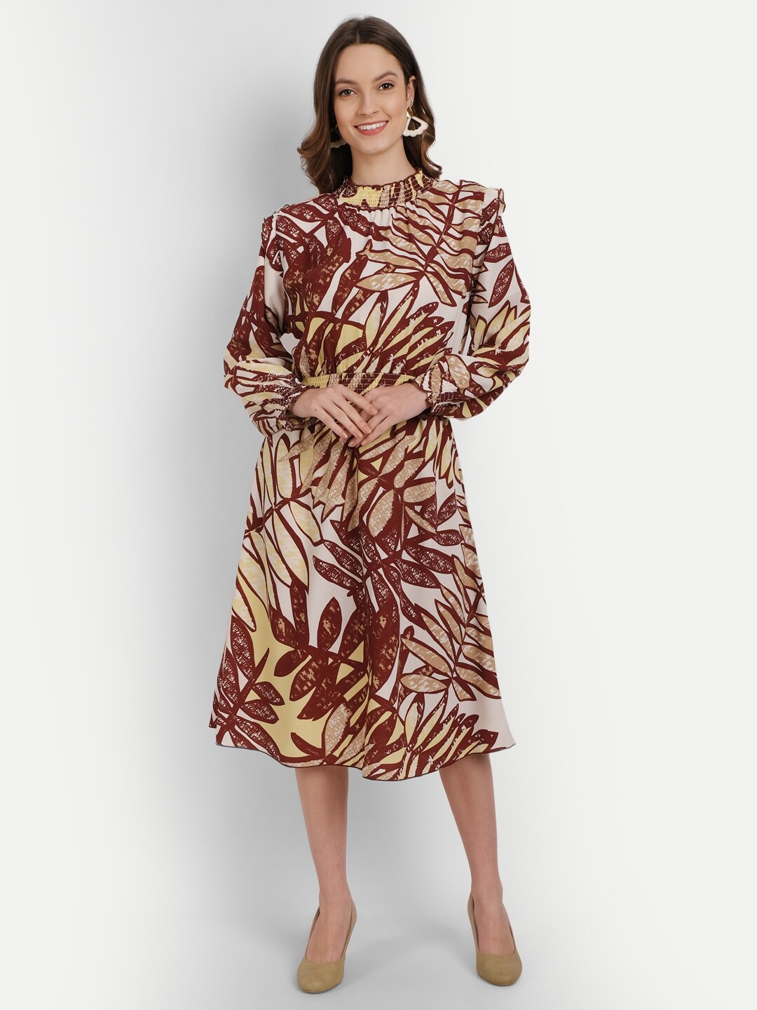 

Rediscover Fashion Tropical Printed Smocked Crepe A-Line Midi Dress, Brown