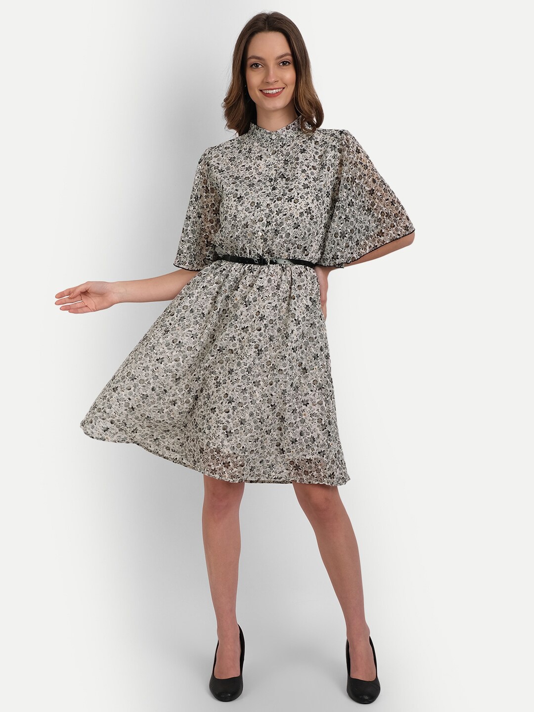 

Rediscover Fashion Floral Printed Belted Georgette a-line Dress, White