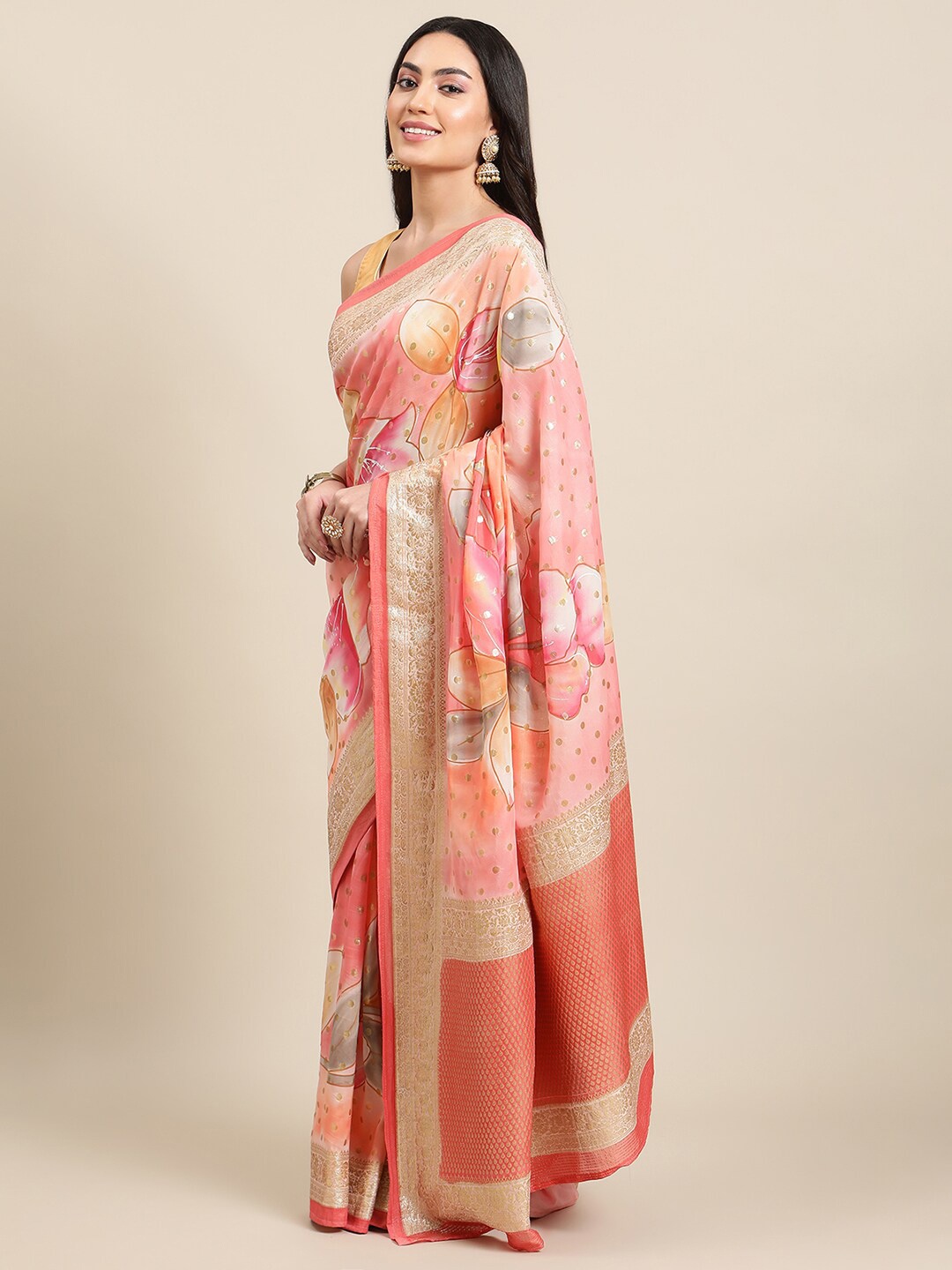 

La Vastraa Pink & Green Woven Design Zari Organza Banarasi Saree