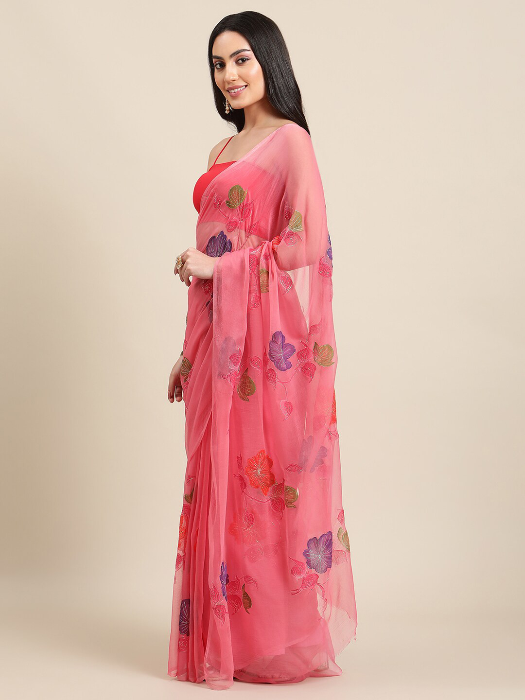 

La Vastraa Floral Embellished Pure Chiffon Saree, Pink