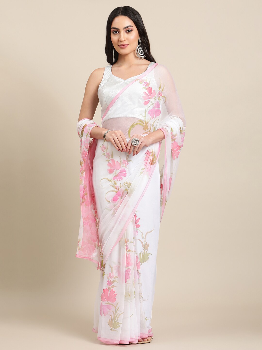 

La Vastraa Floral Embellished Pure Chiffon Saree, White