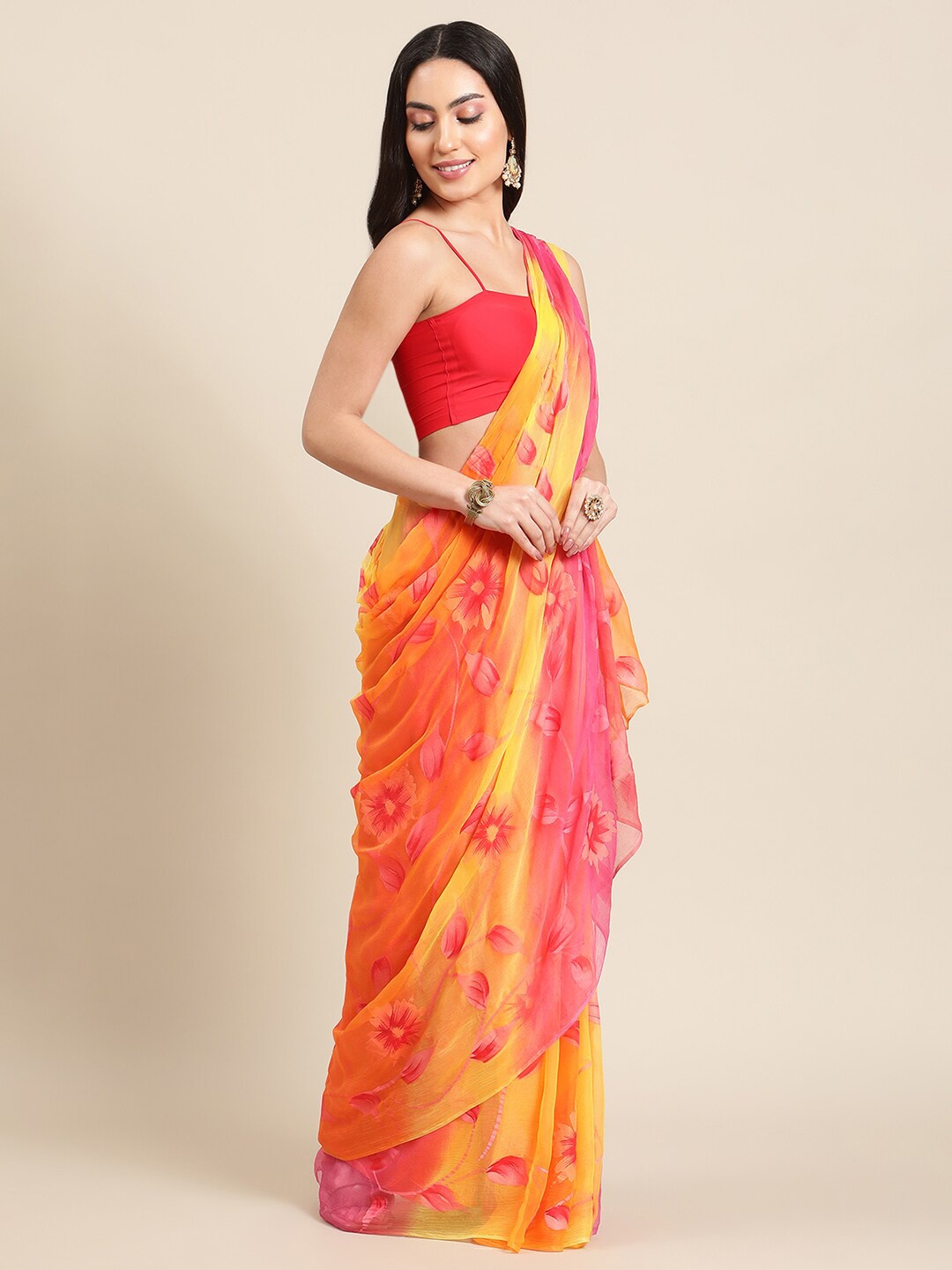 

La Vastraa Floral Printed Pure Chiffon Saree, Orange
