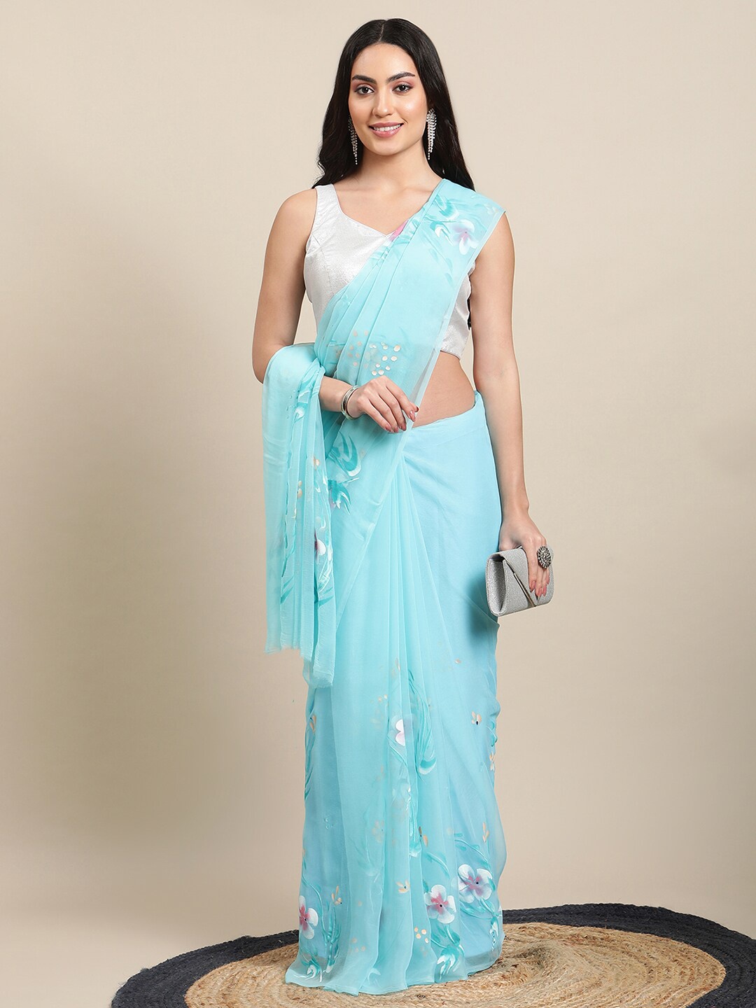 

La Vastraa Floral Hand Painted Pure Chiffon Saree, Blue