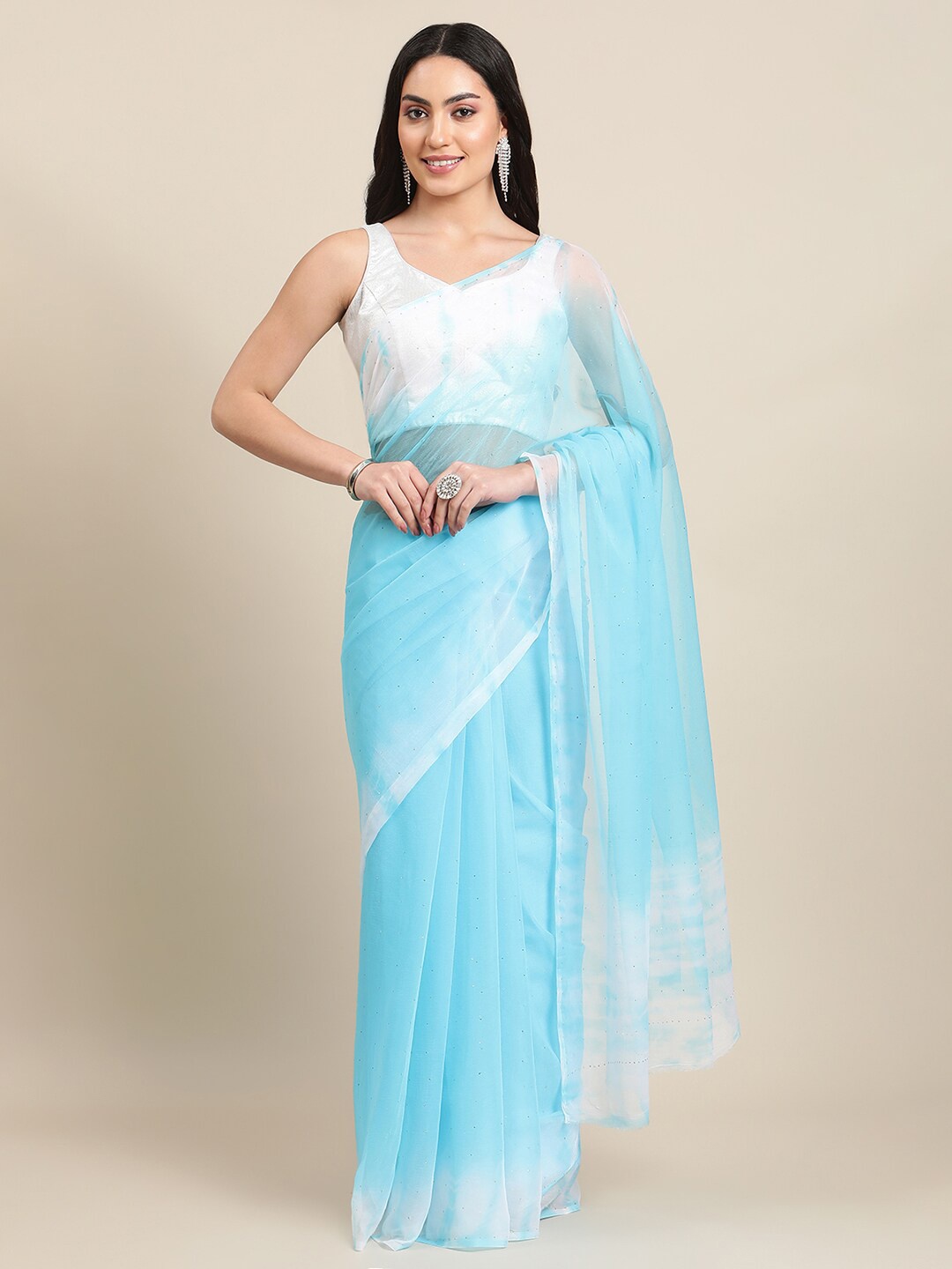 

La Vastraa Blue & White Tie and Dye Mukaish Pure Chiffon Saree