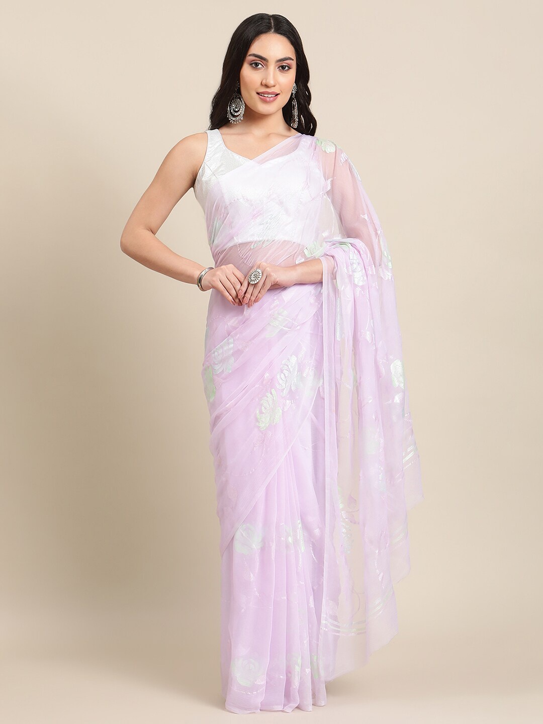

La Vastraa Purple & Silver-Toned Floral Pure Chiffon Saree
