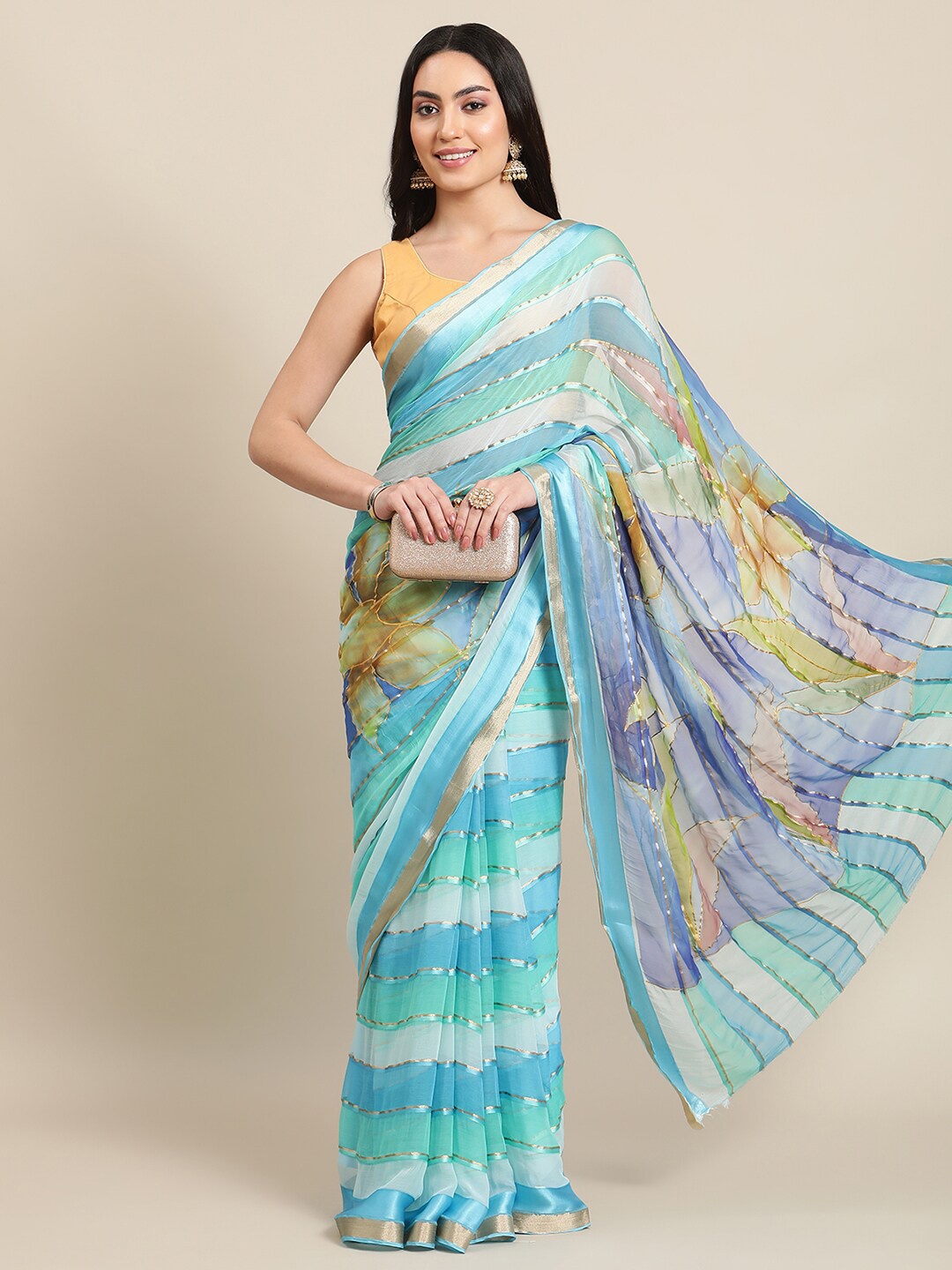 

La Vastraa Floral Zari Pure Chiffon Saree, Blue