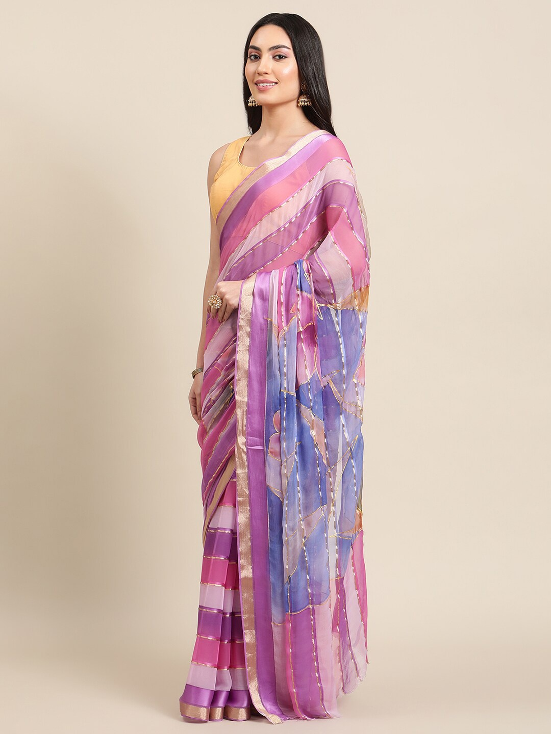 

La Vastraa Floral Hand Painted Gold Zari Pure Chiffon Saree, Purple
