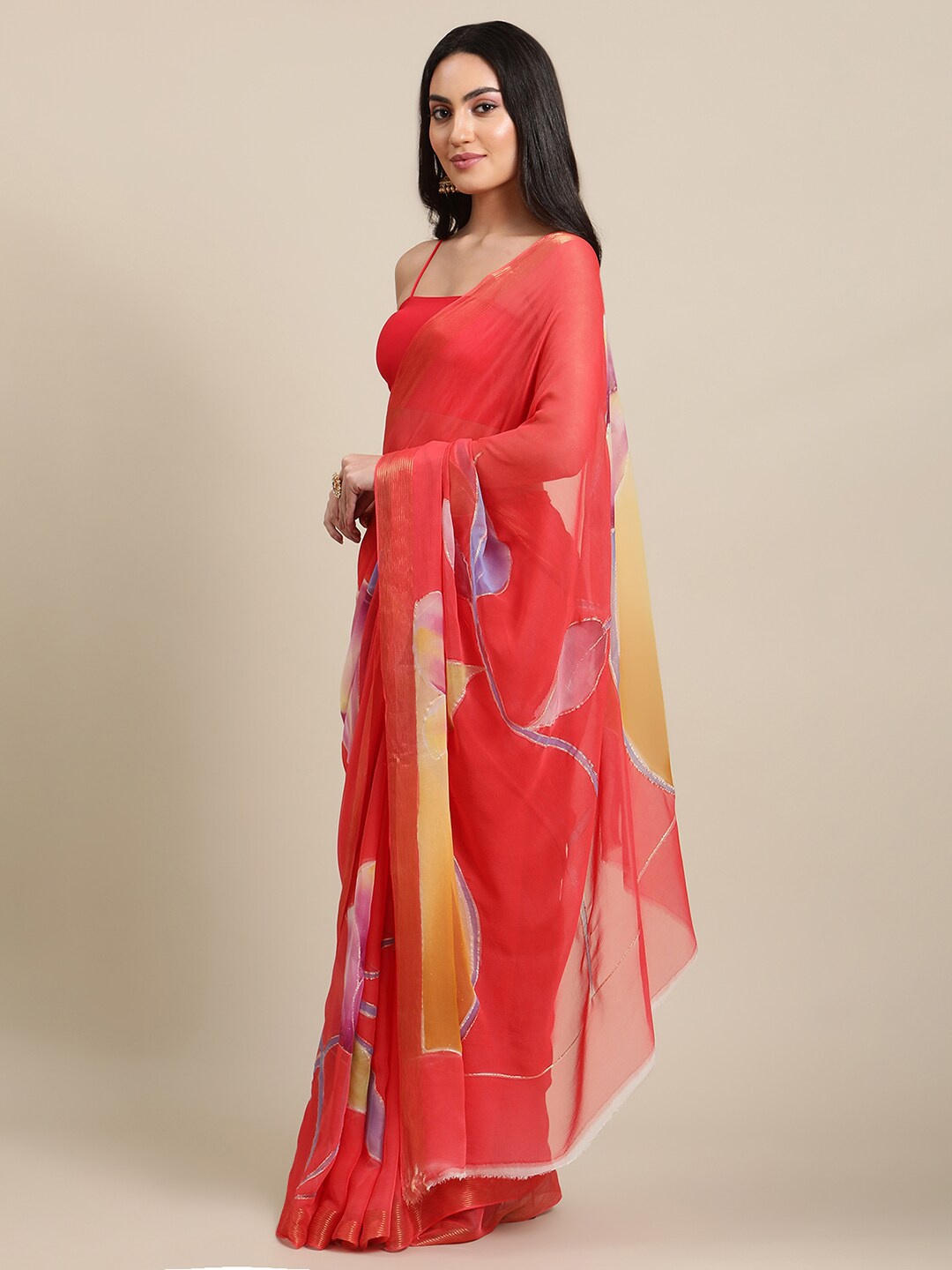 

La Vastraa Floral Pure Chiffon Saree, Red