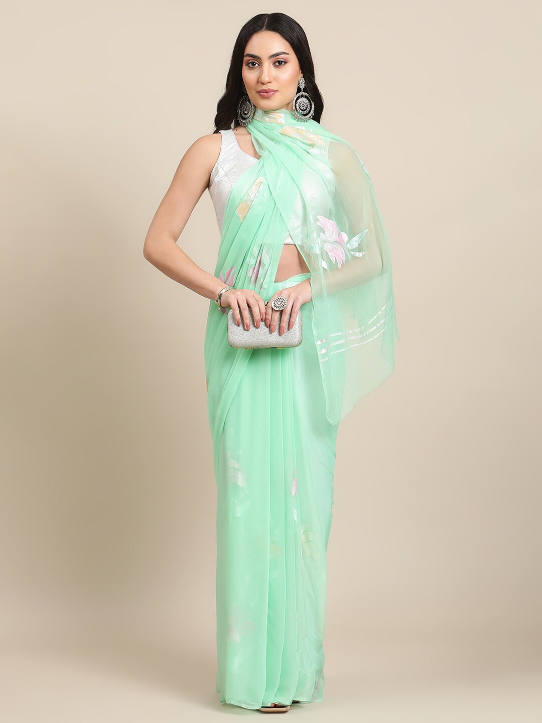 

La Vastraa Floral Pure Chiffon Hand Painted Saree, Green