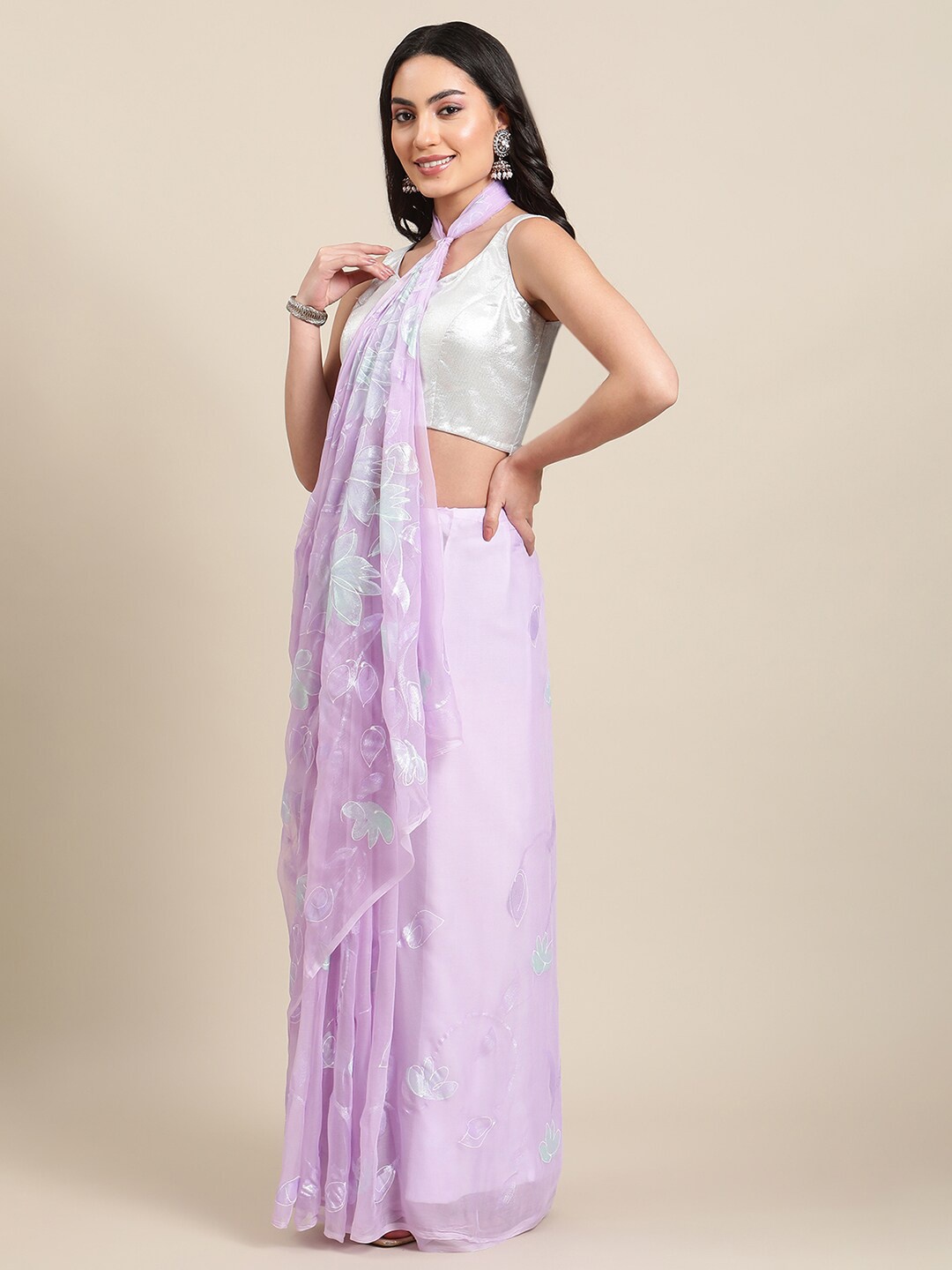 

La Vastraa Purple & White Floral Pure Chiffon Saree