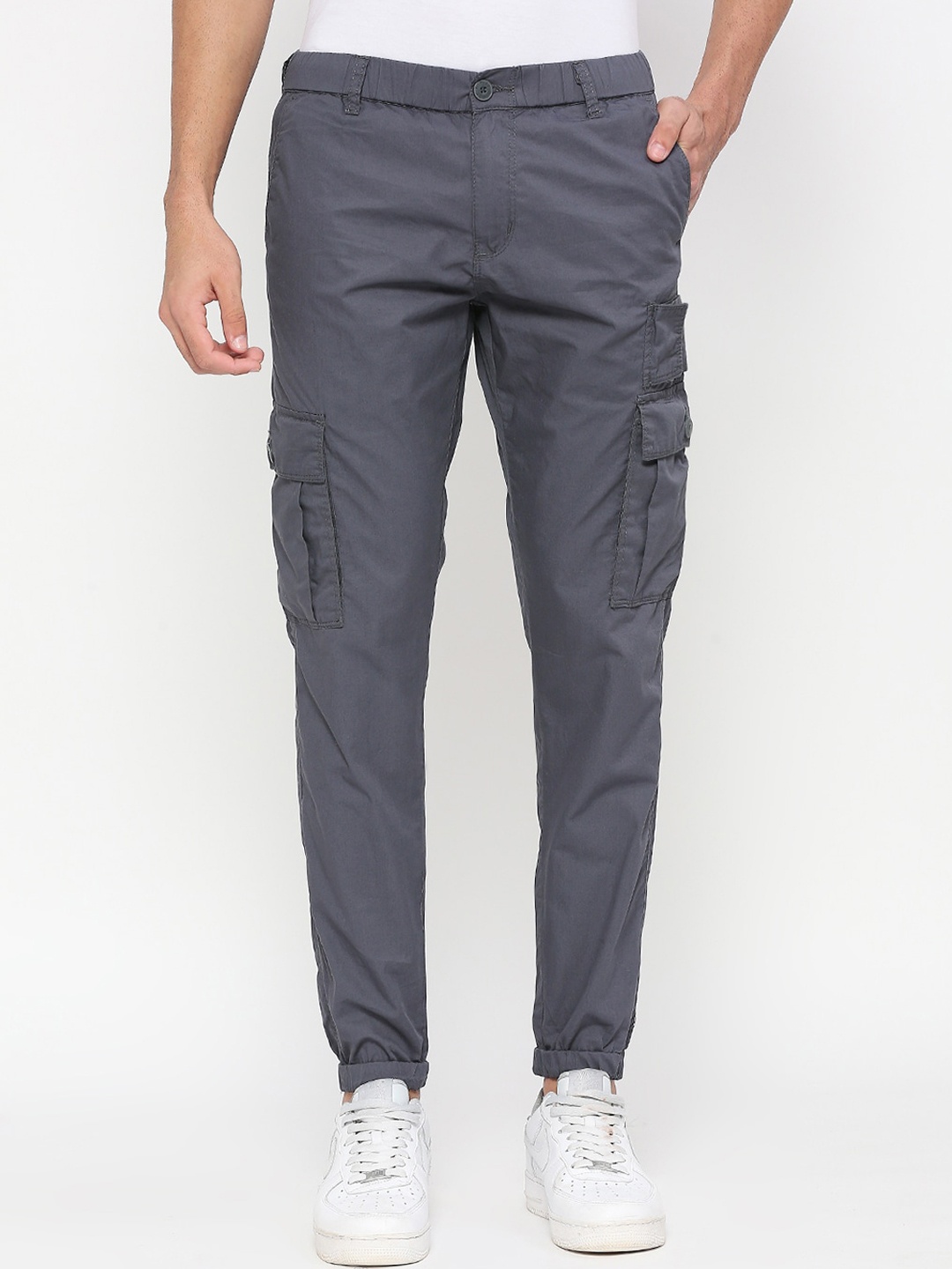 

beevee Men Relaxed Tapered Fit Easy Wash Cargos, Grey