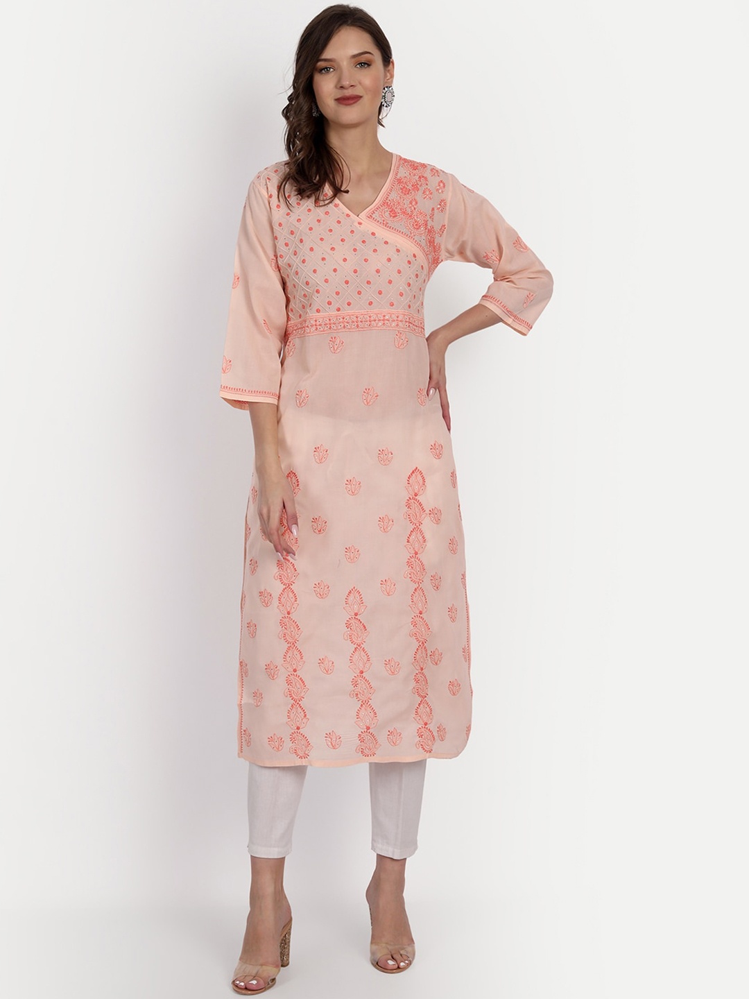 

Indiankala4u Ethnic Motifs Embroidered Pure Cotton Kurta, Peach