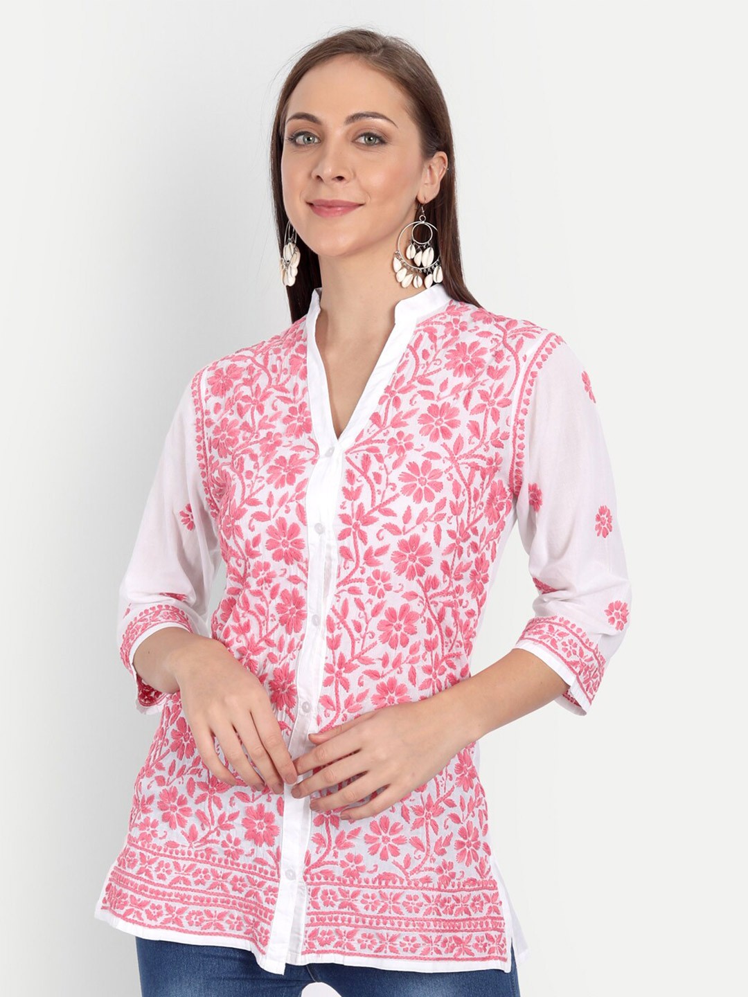 

Indiankala4u Floral Embroidered Mandarin Collar Pure Cotton Shirt Style Top, White