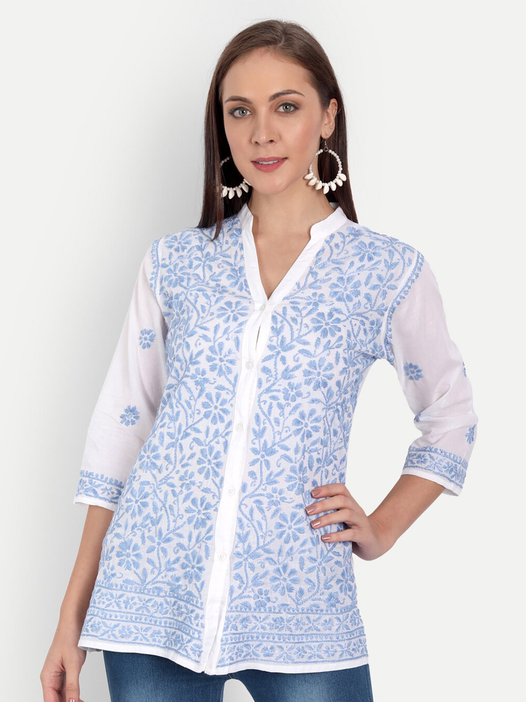 

Indiankala4u Floral Embroidered Mandarin Collar Pure Cotton Shirt Style Top, White