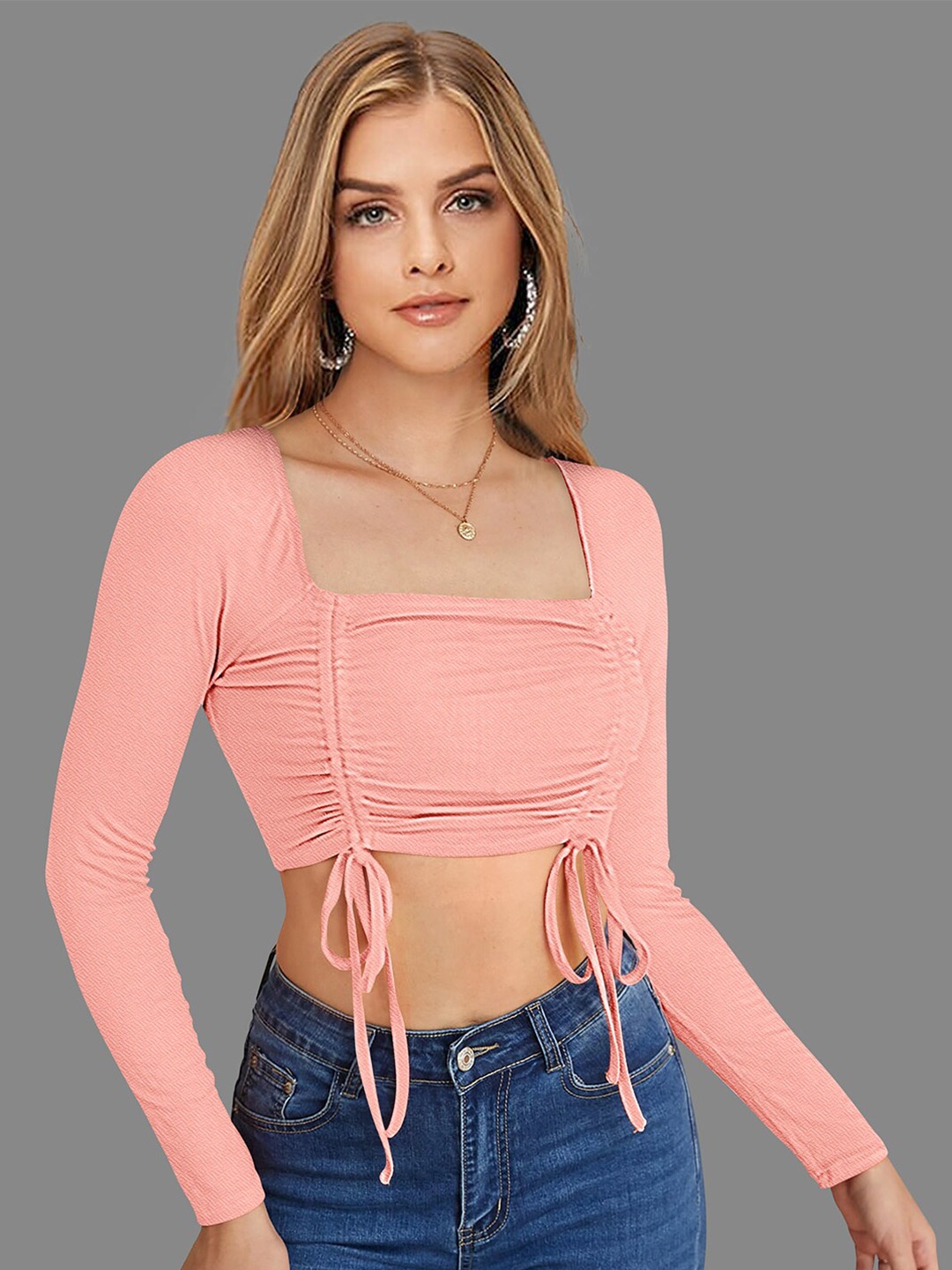 

LONDON BELLY Square Neck Fitted Ruched Crop Top, Peach