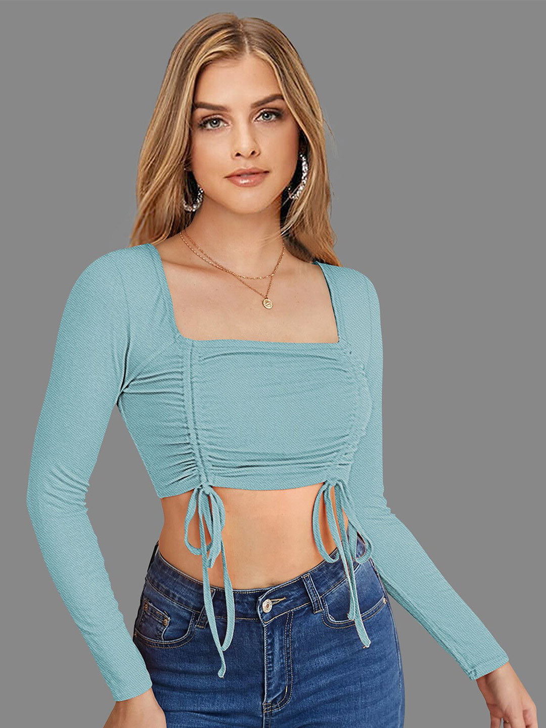 

LONDON BELLY Square Neck Fitted Ruched Crop Top, Turquoise blue