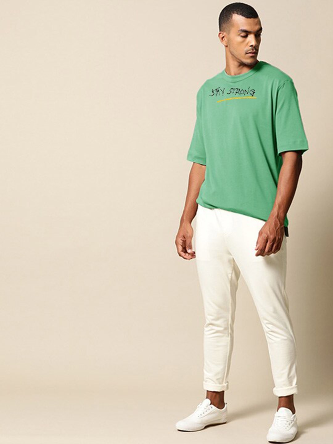 

VEIRDO Graphic Printed Round Neck Oversize Fit Cotton T-shirt, Green