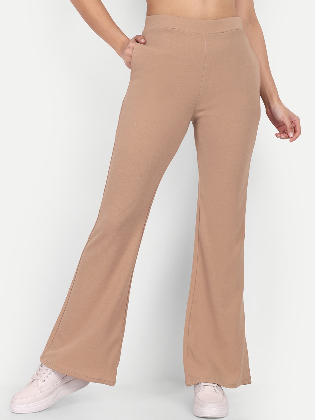 

BROADSTAR Women Relaxed Flared Bootcut High-Rise Easy Wash Trousers, Beige