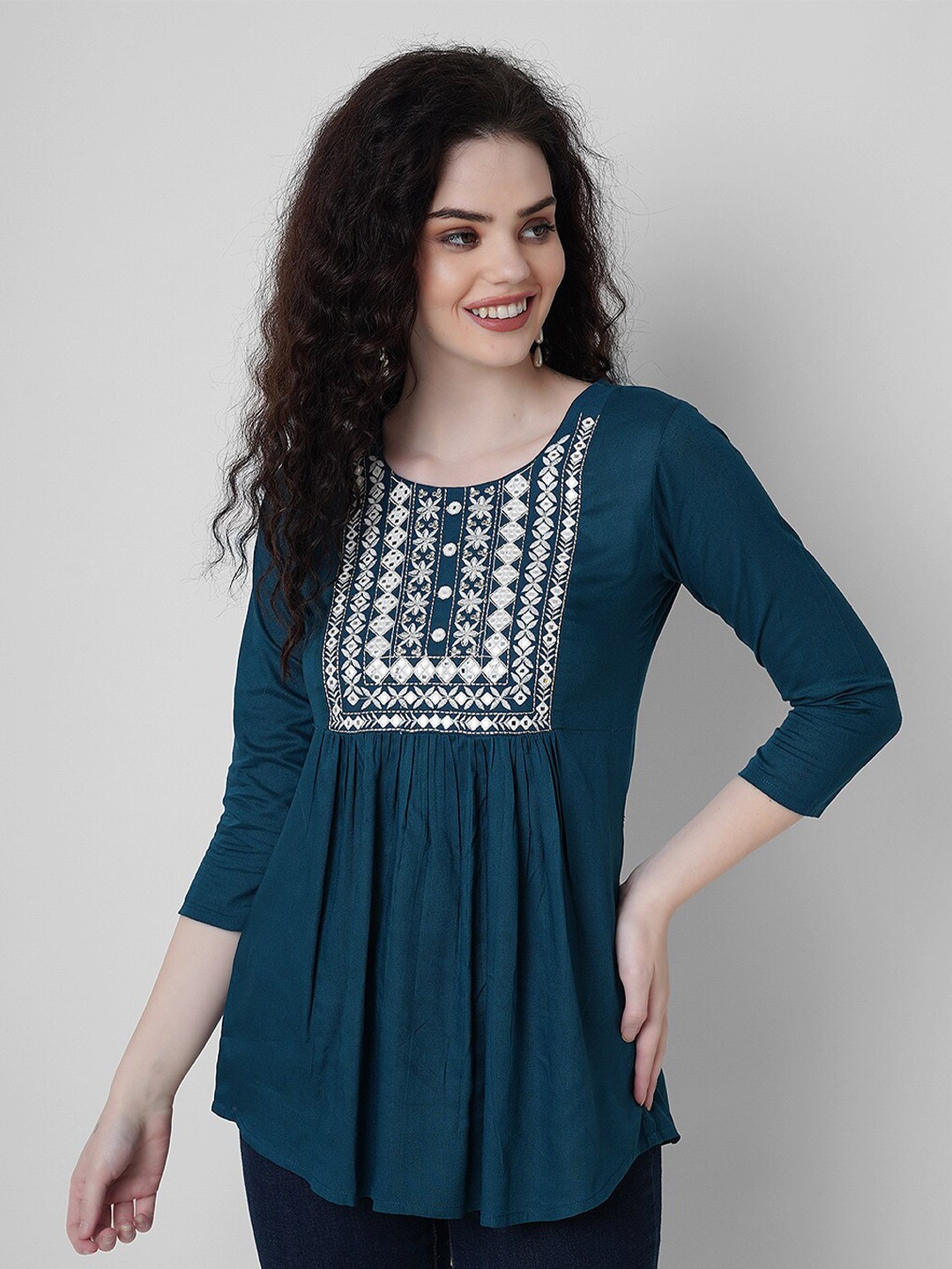 

KALINI Embroidered Gathered or Pleated Regular Top, Teal