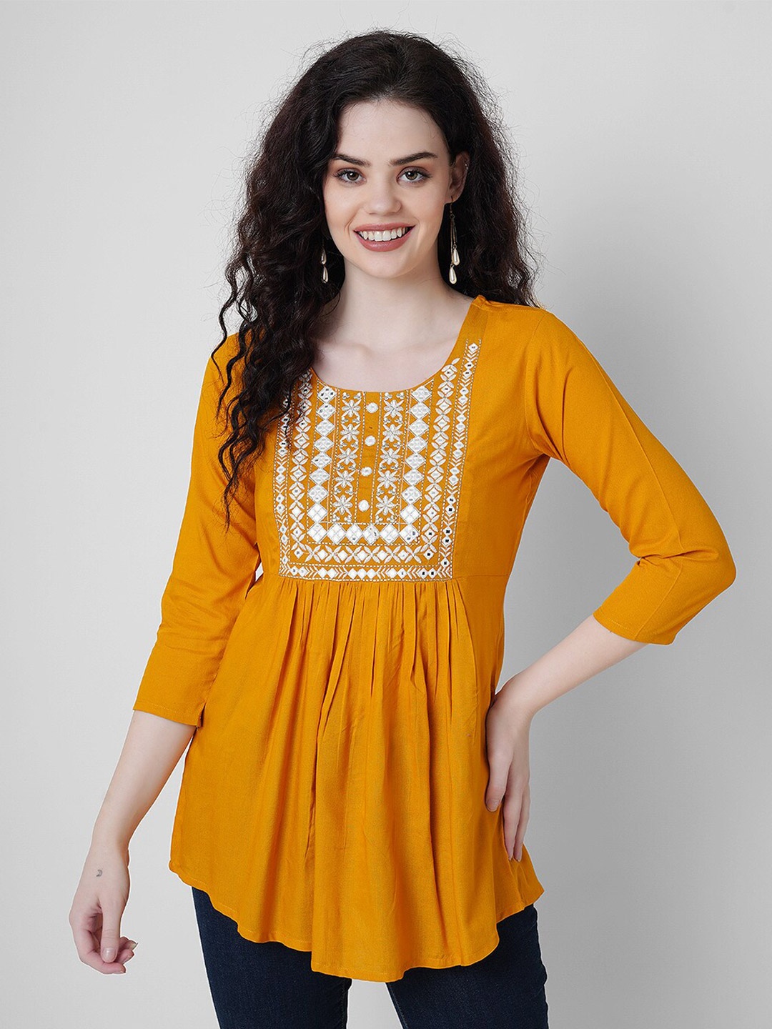 

KALINI Mustard Embroidered Mirror Work Top