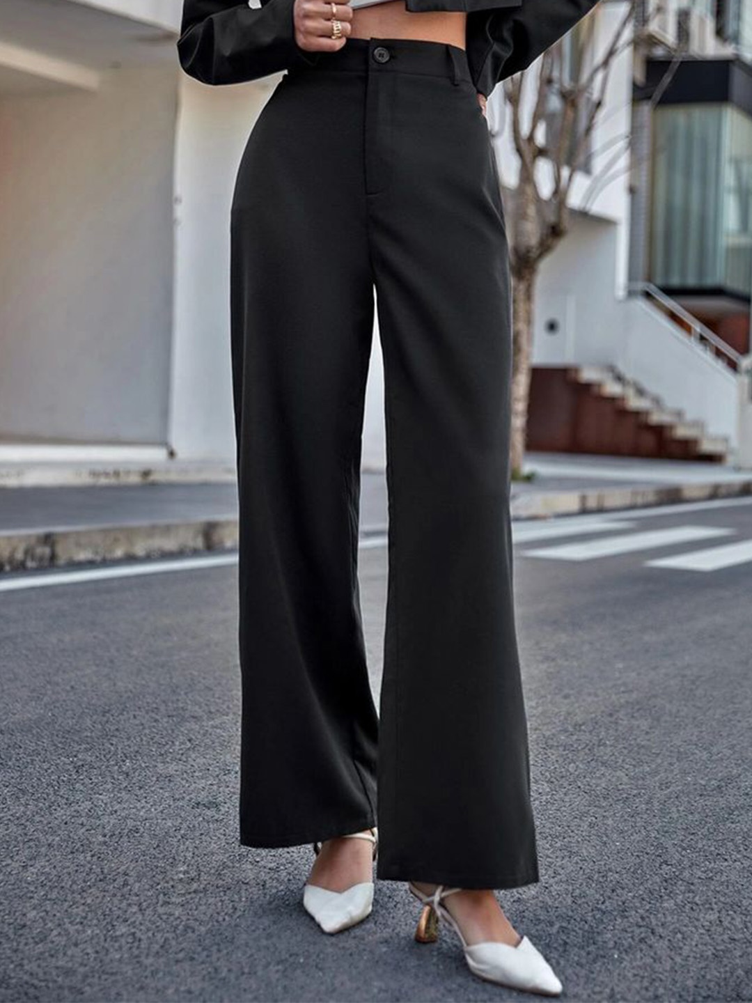 

BROADSTAR Women Smart Flared Bootcut High-Rise Easy Wash Trousers, Black