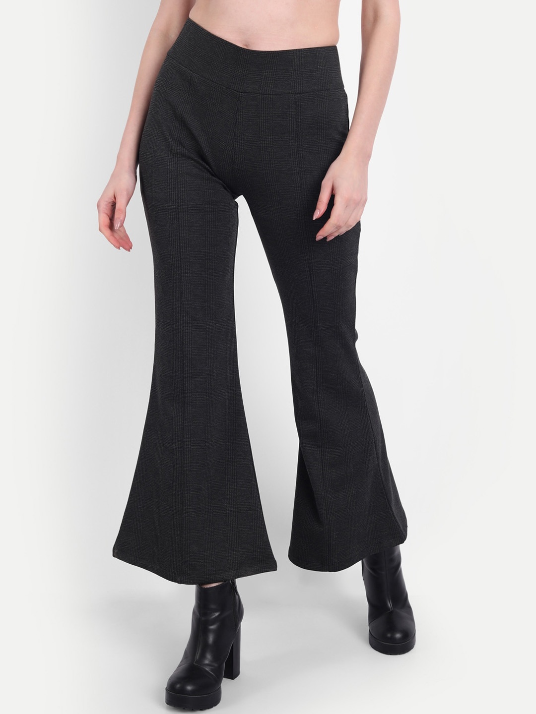 

BROADSTAR Women Checked Relaxed Flared Bootcut High-Rise Easy Wash Trousers, Grey