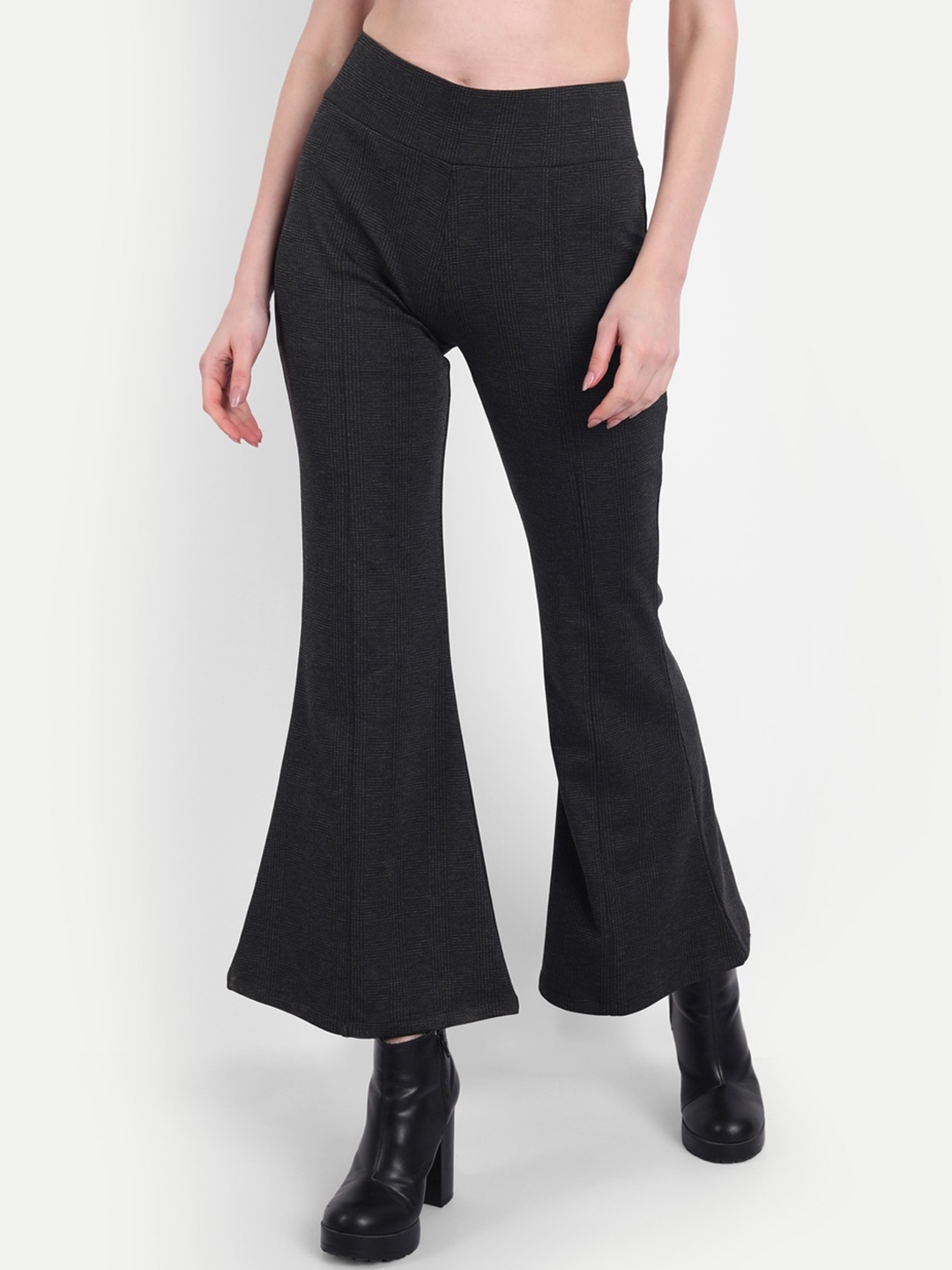

Next One Women Checked Relaxed Flared Bootcut High-Rise Easy Wash Trousers, Grey
