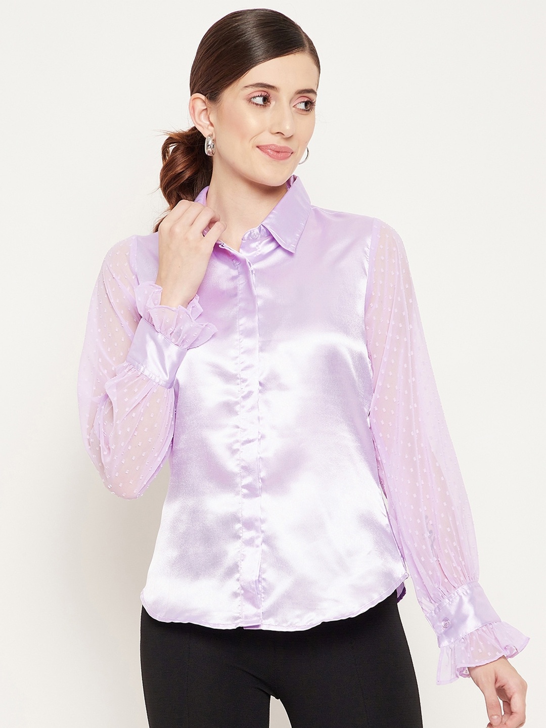 

Bitterlime Casual Puff Sleeves Relaxed Fit Satin Shirt, Lavender